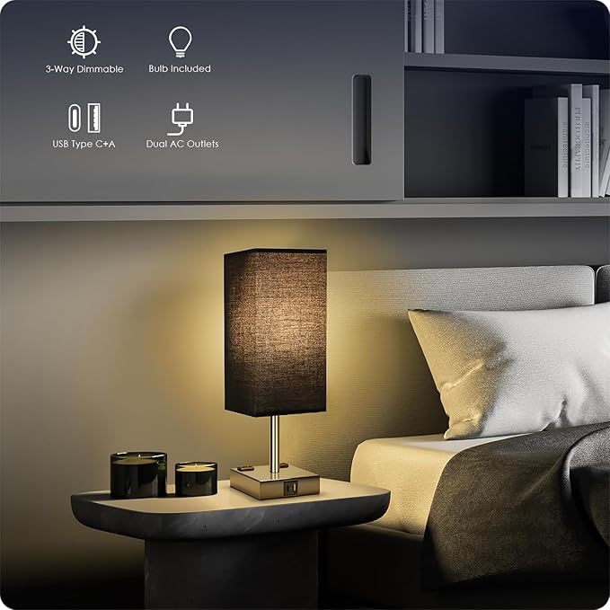 Bedside Lamp with USB Ports - Touch Control Table Lamp for Bedroom with USB C+A Charging Ports & AC Outlets, 3 Way Dimmable Nightstand Light for Living Room (Bulb Included, Black) - Bloomnest