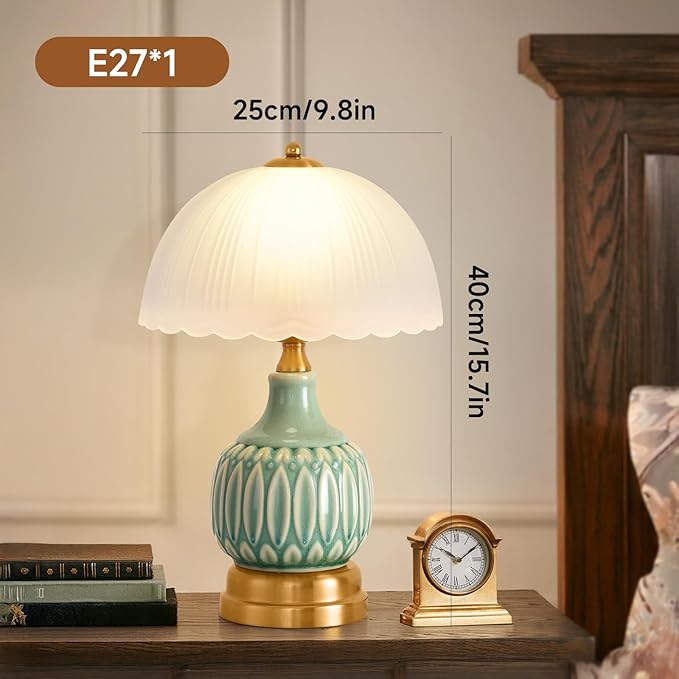 Table Lamps for Bedroom Vintage Golden Table Lamps for Bedroom Ceramic Retro Lamp for Living Room,16" Modern Bedside Nightstand Traditional Lamps, Classic Chinoiserie Green Glass Lamp for Home Decor - Bloomnest