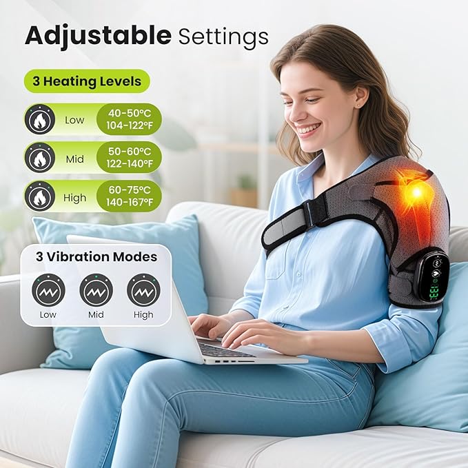 Cordless Shoulder Heating Pad with Vibration for Rotator Cuff Pain Relief, Arm Heated Massage Pad, Shoulder Support Brace with 3 Heating Levels & Vibration, Left or Right (Grey) - Bloomnest