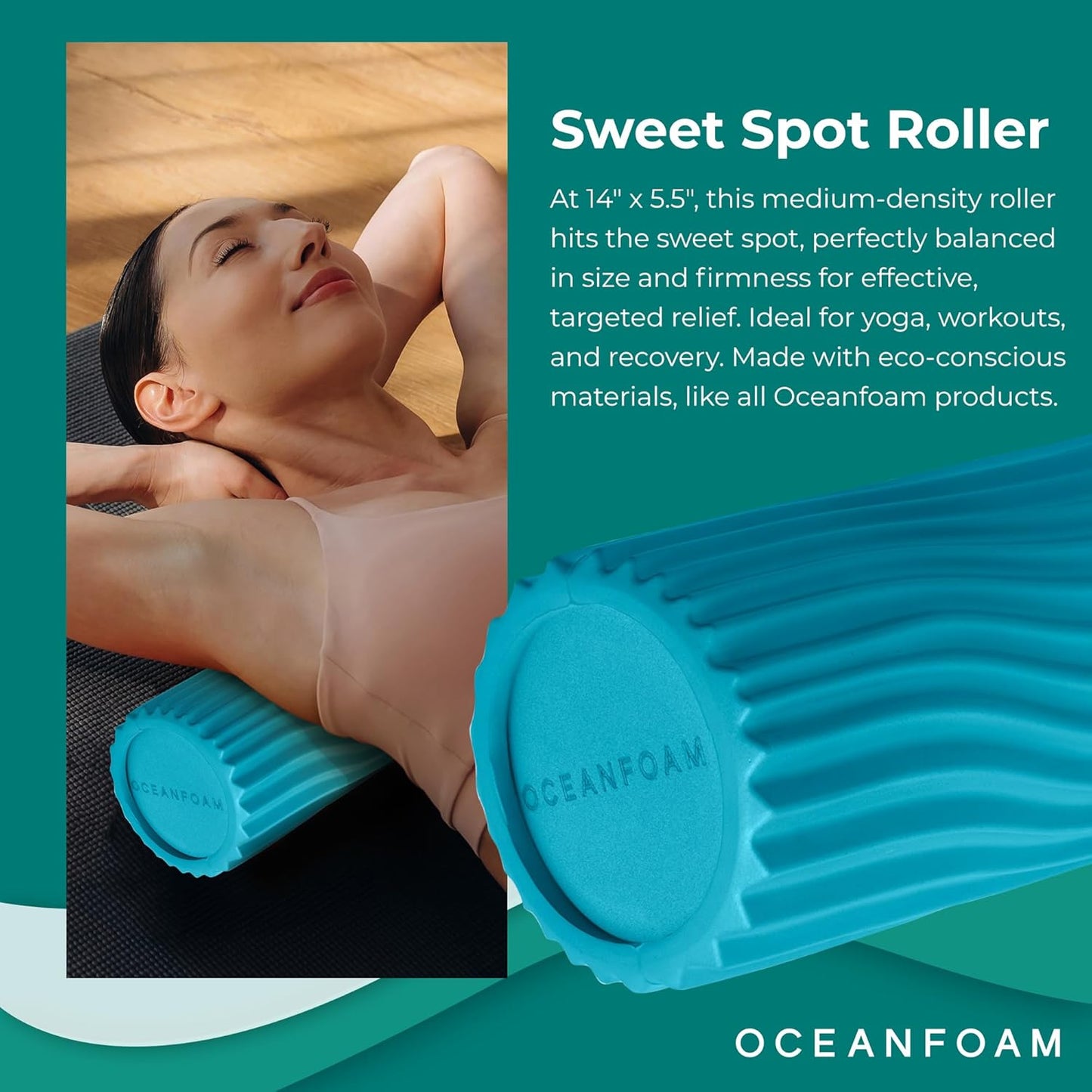 Oceanfoam Sweet Spot Medium Exercise Foam Roller 14"x5.5" – Medium Density Foam Roller for Physical Therapy, Deep Tissue Massage, Yoga, Pilates, Classic Exclusive Wave Texture (Miami Blue)
