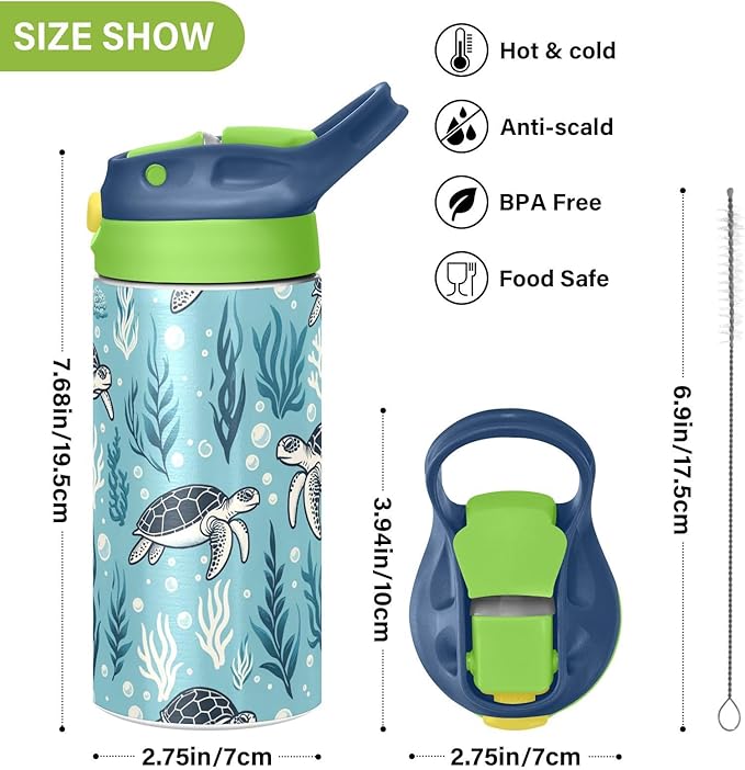 Turtle Water Bottle with Straw Lid Kids Blue Ocean Insulated Tumbler with Handle Stainless Steel Reusable Toddlers Cup for Kids Boys 12 oz - Bloomnest