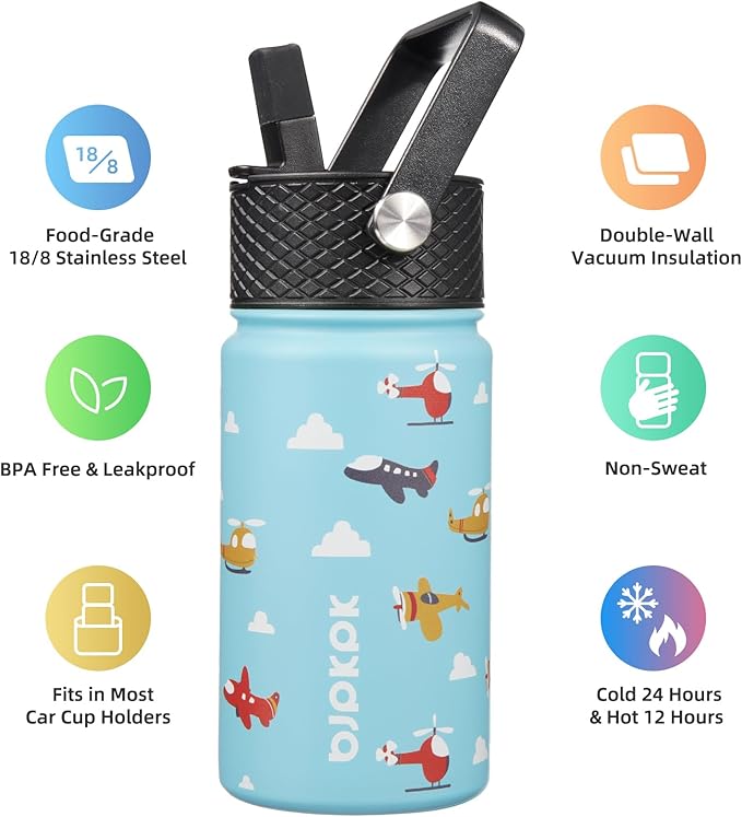 BJPKPK Water Bottle with Straw Lid, 15 oz Insulated Water Bottle, Stainless Steel Metal Water Bottles, Reusable Leak Proof BPA Free Thermo, Flask, Cups, Aircraft - Bloomnest