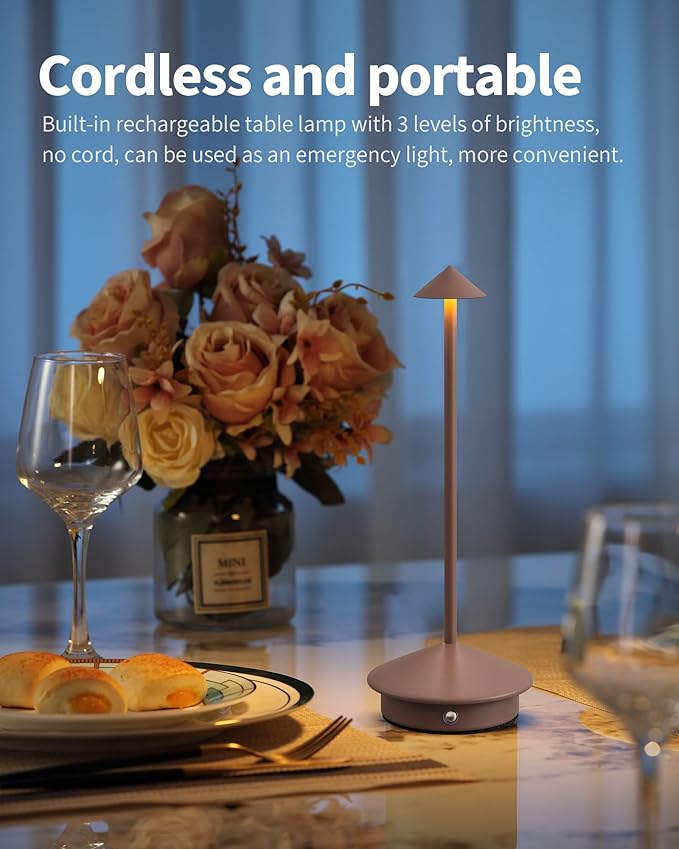 Modern Cordless Table Lamp Set of 2, Portable LED Desk Lamps, 5000mAh Rechargeable Battery Operated Lighting for Bedroom Dining Room Restaurant Coffee Shop Camping Night Light (Brown) - Bloomnest