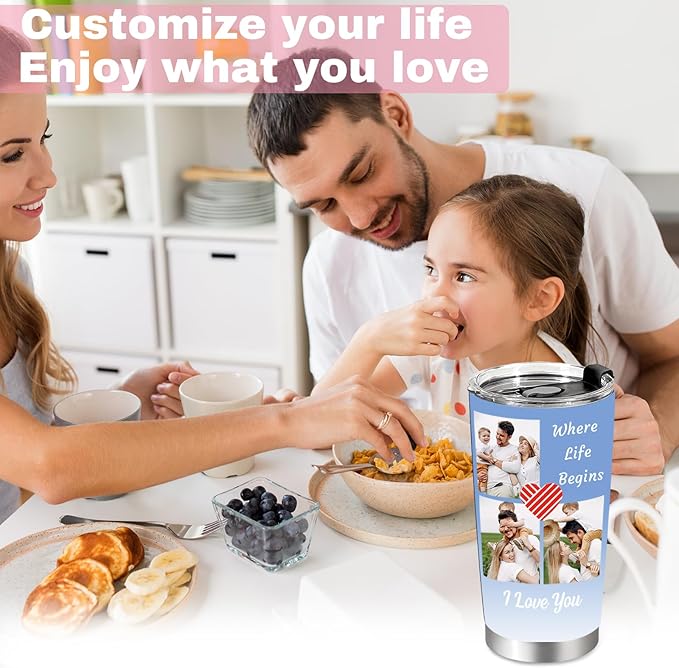 Personalized Tumbler with Pictures Text, Custom Photo Stainless Steel Coffee Tumbler, Coffee Travel Mug Cup 20 Oz Custom Gifts for Fathers Day Christmas Birthday for Dad Mom Kids - Bloomnest