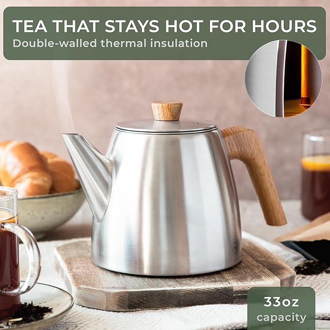 WALDWERK Tea Pot with Infuser - Double Wall Stainless Steel Teapot - Tea Pot with Infuser for Loose Tea - Made from 304 Stainless Steel and Oak Wood - Isolated Teapot with Strainer - 100% Drip Free - Bloomnest
