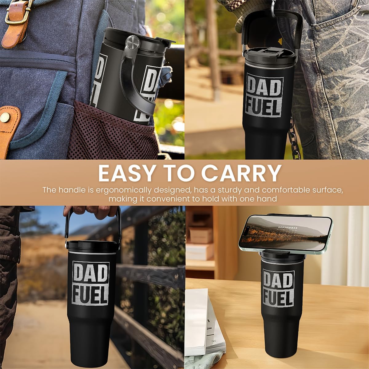 SANDJEST Dad Fuel Stainless Steel Insulated 30oz Tumbler with Carry Handle & Flip Straw Lid for Dad on Fathers Day, Birthday or Christmas