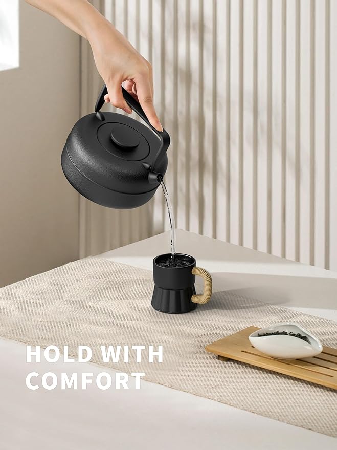Toptier Teapot with Removable Infuser, Cast Iron Tea Kettle Stovetop Safe, Solid Geometry Cylinder Design Tea Pot Coated with Enameled Interior for 27 Ounce (800 ml), Black - Bloomnest