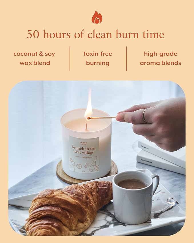 Literie NYC Inspired Scented Candle: Brunch in The West Village - Citrus & Champagne, 9oz, 50 Hour Burn, Vegan Soy & Coconut Blend Candle for Home Decor, Gift for Women & Men - Bloomnest