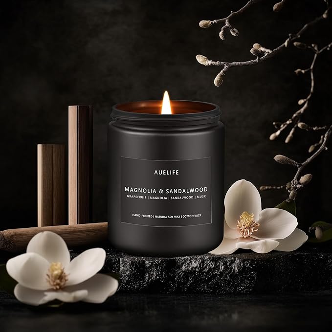 Magnolia & Sandalwood Candle | Masculine Candle - Candles for Men, Soy Candles for Home Scented, Manly Scented Decor for Home - Gifts for Men, 7oz Black Jar, Long Lasting - Bloomnest