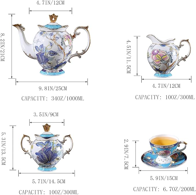 ACMLIFE Tea Sets for Adults for 6 - Tea Pot Sets with Cups Blue, Tea Sets for Women Tea Party, Fine Bone China 24K Gold, Vintage British English Porcelain Afternoon Service Sets for Luxury Gift - Bloomnest