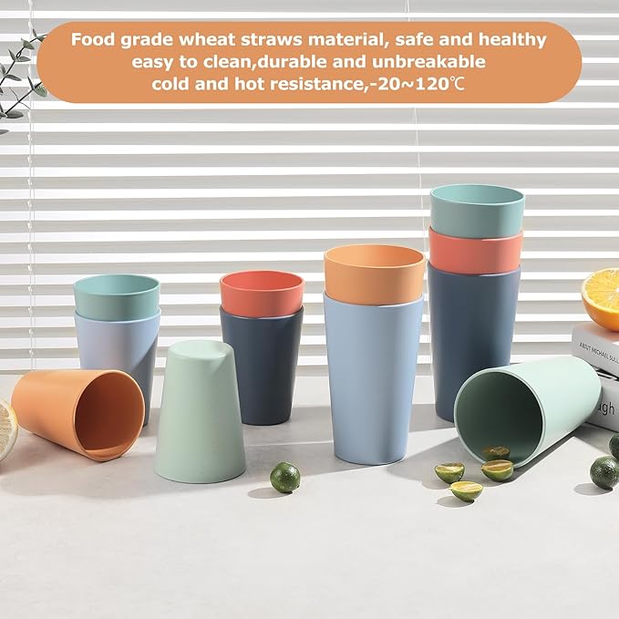 Set of 12 Wheat Straw Cups, 6 Pcs 20 oz & 6 Pcs 12 oz Unbreakable Drinking Cups, Reusable Plastic Cups Sets, Water Glasses Tumblers, Microwave & Dishwasher Safe, Bpa Free, 6 Colors - Bloomnest