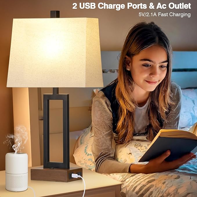 Table Lamp for Bedroom Set of 2 with 2 USB Ports and AC Power Outlet, 23.5" Modern Bedside Lamp, Wood Nightstand Lamp with Linen Shade for Living Room Hotel Desk(LED Bulb Included) - Bloomnest