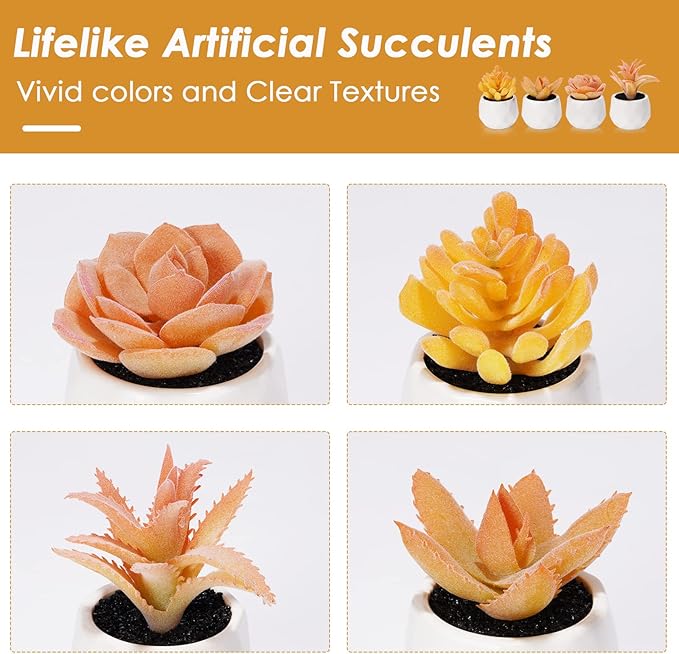 Tiita Artificial Faux Succulents in Pots, Mini Orange Fake Plants for Women Desk, Small Realistic Faux Succulents for Home Office Accessories Window Sill Bathroom Bedroom 4 Set, Orange - Bloomnest