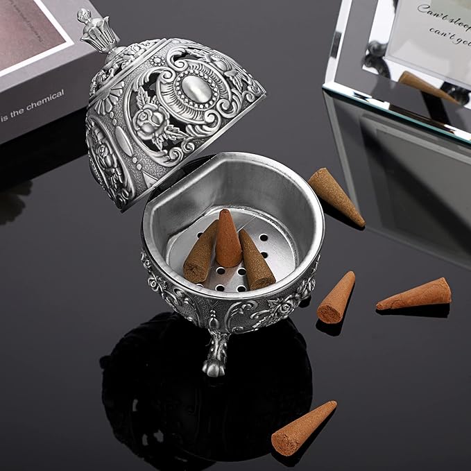 JUXYES Vintage Incense Burner Holder with Removable Ash Catchers, Metal Censer Antique Cone Coil Incense Burner Holder Zinc Alloy Spiritual Aromatherapy Yoga Meditation Gifts Retro Home Decoration - Bloomnest