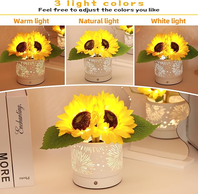 Birthday Gifts for Women,Sunflower Flower Touch Lamp,Rechargeable Cordless Lamp 3-Colour Dimming Night Light for Festival,Restaurant,Bedroom,Office Home Decor Gifts for Women Mom - Bloomnest