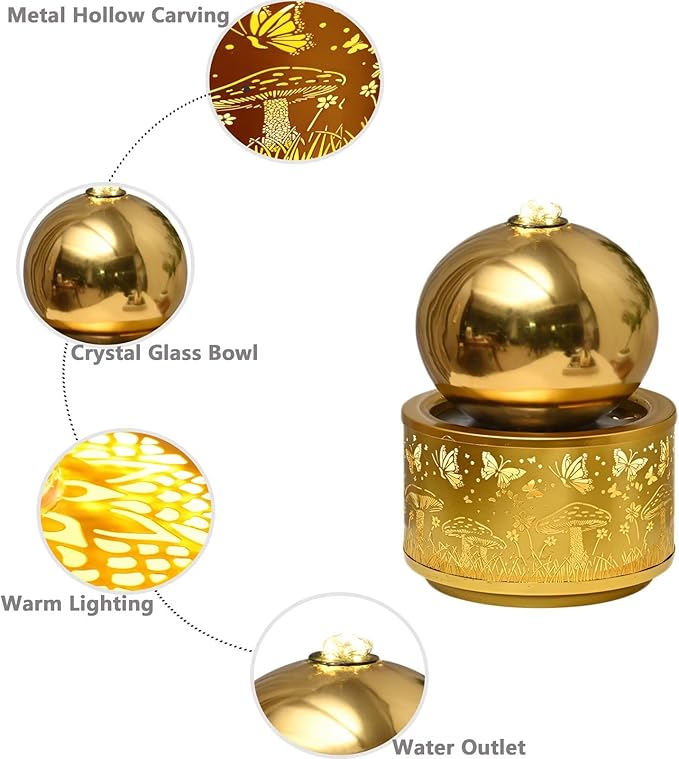 Indoor Water Fountain with Led Light - Tabletop Fountain with Real Stones - Compact Water Feature for Home, Office, Desk, Bedroom Decor Yellow - Bloomnest