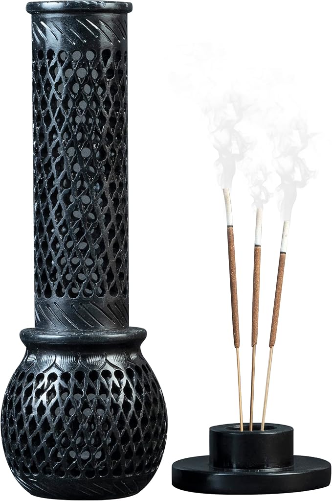 Crocon Handmade Black Marble Soapstone Incense Stick Burner Round Shape Jali and Handi Design Tower Burner | Candle Stick Holder | Decorative Home & Kitchen Best Gift Size - (2.7X2.7X9.4 Inch)