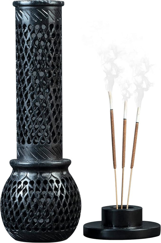 Crocon Handmade Black Marble Soapstone Incense Stick Burner Round Shape Jali and Handi Design Tower Burner | Candle Stick Holder | Decorative Home & Kitchen Best Gift Size - (2.7X2.7X9.4 Inch)