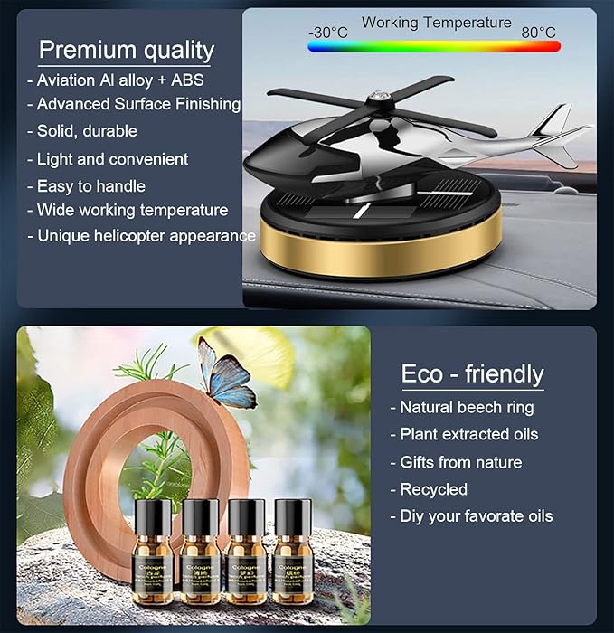 Upgraded AL Alloy Helicopter Aromatherapy Solar Rotating Air Freshener, Home and Car Interior Decoration Accessories (Gold) - Bloomnest