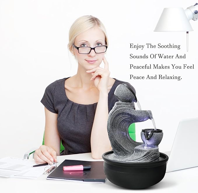 15.7” High Tabletop Water Fountain with LED Lights - 4-Tier Indoor Relaxation Desktop Waterfall Fountain, Cascading Water Feature for Home and Office Decor