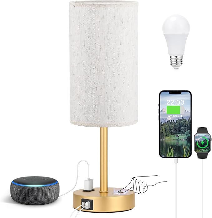 Fenmzee Touch Table Lamp - Cream, 3-Way Dimmable, USB A + C Charging, AC Outlet, 17.4inch Medium, Gold Metal Base - Bloomnest