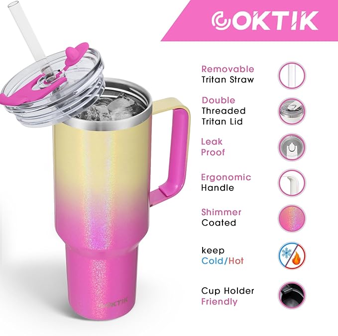 COKTIK 40 oz Tumbler With Handle and Straw Lid, Vacuum Insulated Travel Coffee Mug Stainless Steel Insulated Cup for Beverages, Leak-proof, Cupholder Friendly (Glitter Rainbow) - Bloomnest