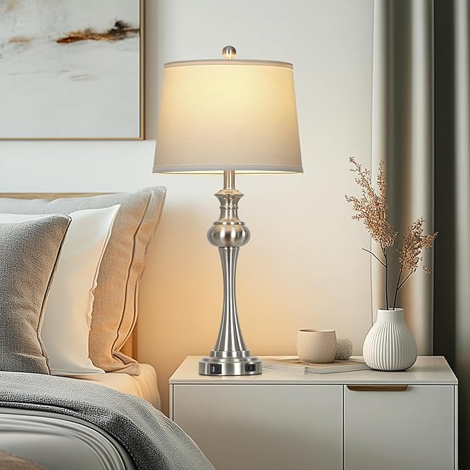 28.75" Silver Table Lamps for Living Room,3 Way Touch Control Table Lamp, Bedside Desk Lamp with Metal Base Modern Nightstand Lamp Simple Side Table Lamp for Bedroom,Office,LED Bulb Included - Bloomnest