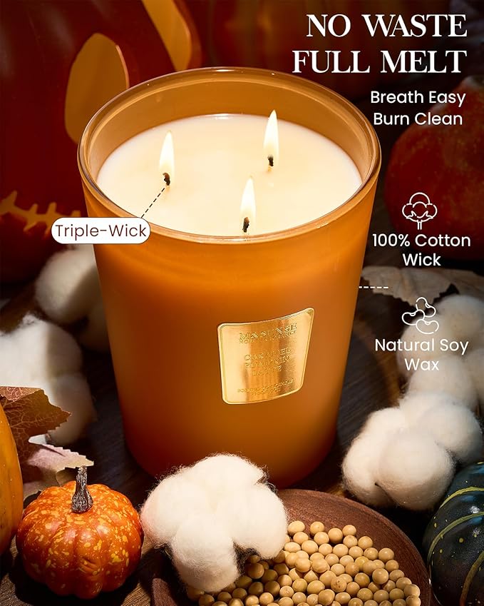 M&SENSE Large Candles Caramel Pumpkin Latte Scented, 3 Wick Natural Soy Candles for Home Scented, 150H Long Lasting Slow Burn Jar 35oz, Home Fragrance Halloween Thanksgiving Christmas Gifts - Bloomnest