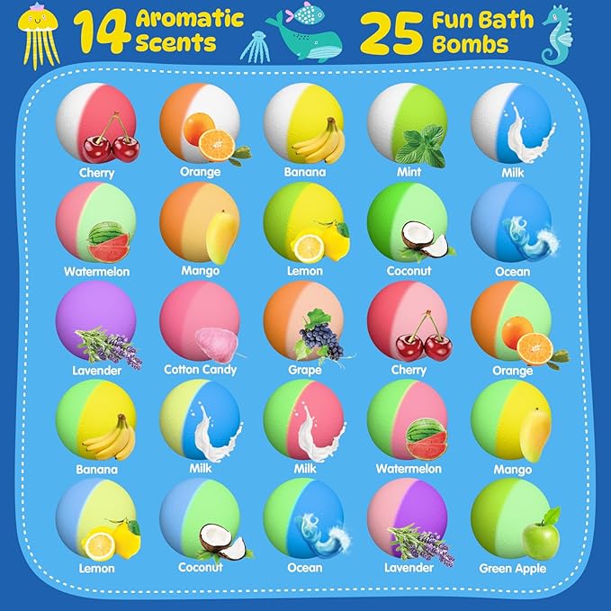 Bath Bombs for Kids with Surprise Toys Inside, 25 Pack Natural Bath Bombs with Glow in The Dark Sea & Land Animal Toys, Handmade Organic Safe Fizzy Salt Balls Gift Set for Boys Girls Toddlers - Bloomnest