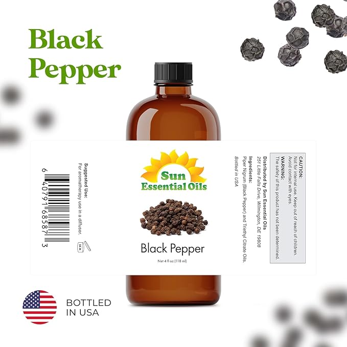 Sun Essential Oils - Black Pepper 4oz Bottle for Diffuser, Humidifier, Aromatherapy, Self and Home Care - Black Pepper Oil - Aromatherapy Oil - Bloomnest