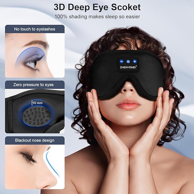 Bluetooth Sleep Headphones Bluetooth Sleep Mask | 3D Eye Mask for Sleeping | 16hrs Playingtime | Light Blocking Eye Mask | Auto - Off Timer | Best for Sleeper | Travel - Bloomnest
