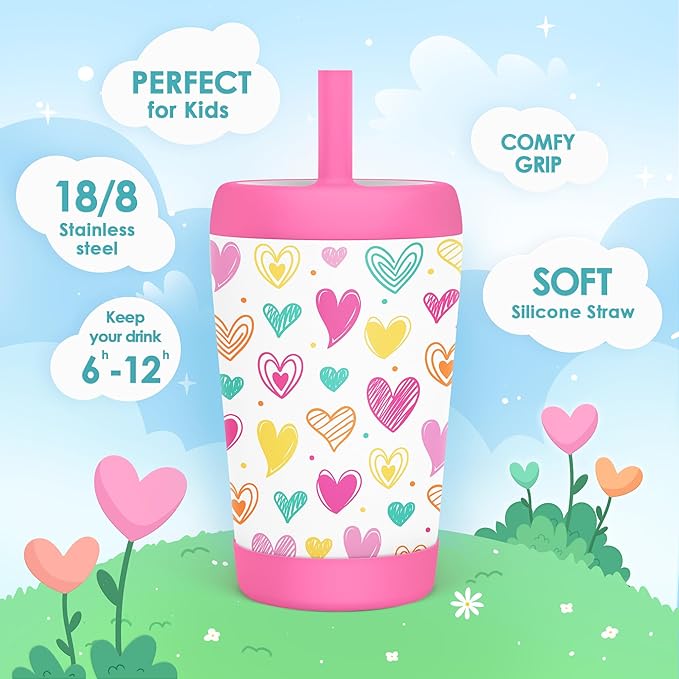 Kid Insulated Stainless Steel Tumbler with Silicone Straw, 12oz Sippy Cup for Kids (Playful Hearts) - Bloomnest
