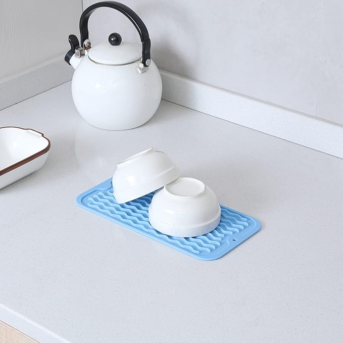 Silicone Dish Drying Mat for Multiple Usage,Easy clean,Eco-friendly,Heat-resistant Silicone Mat for Kitchen Counter or Sink,Refrigerator or Drawer Liner Light Blue S 12 inches x 6 inches - Bloomnest