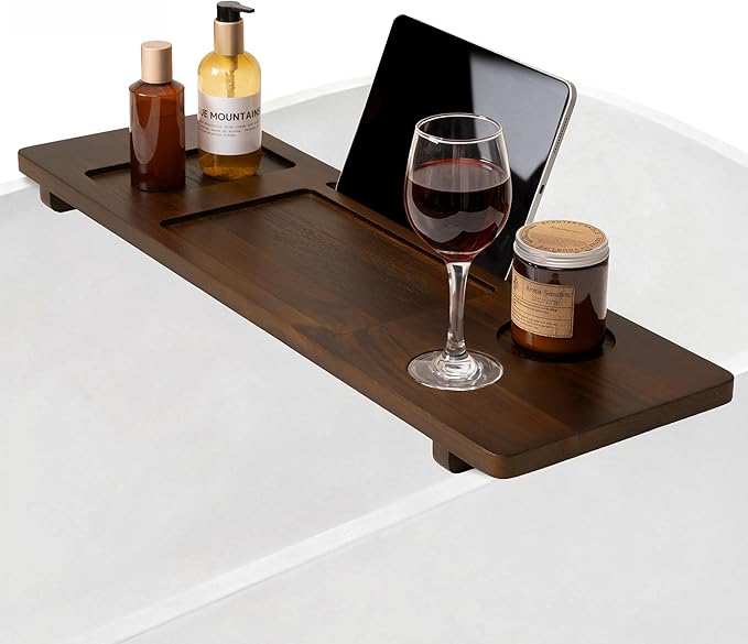 Teak Bathtub Tray - Wood Bath Caddy Tray 29" for Small Tubs - Adjustable Bathtub Table Trays - Luxury Shower Organizer for Home Spa Relaxation and Reading - Dark Walnut Color - Bloomnest