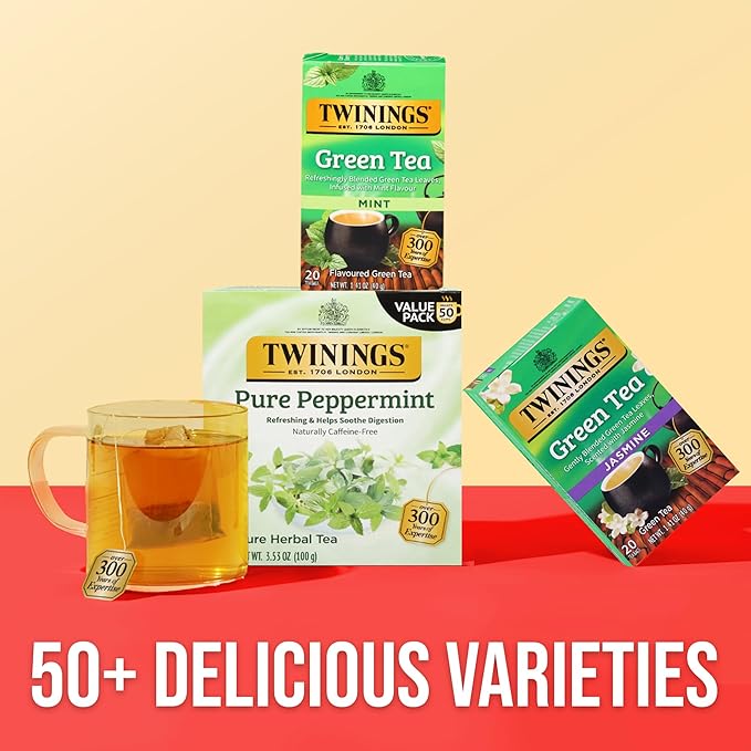 Twinings Green Tea with Mint Individually Wrapped Bags, 20 Count (Pack of 6), Invigorating Aroma, Caffeinated, Enjoy Hot or Iced, 120 Teabags - Bloomnest