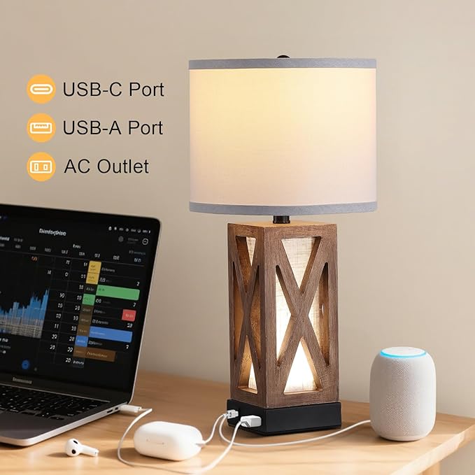 Set of 2 Wood Table Lamp, Vintage Nightstand Lamp with USB Charging Ports A/C, Farmhouse Bedside Lamps for Living Room - Bloomnest