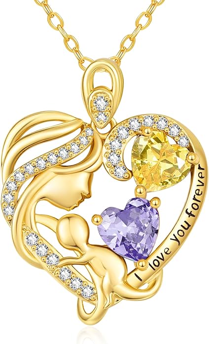 14K Gold Double Birthstone Heart Necklace for Women Mom, Mother Son/Daughter Pendant Necklace for Christmas Mother's Day Birthday Gifts for Wife Daughter Grandmom - Bloomnest