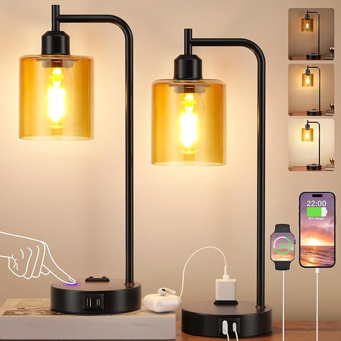 Industrial Touch Nightstand Lamps for Bedrooms Set of 2 - 3-Way Dimmable Table Lamps with USB C+A Ports and Outlet, Bedside Lamps with Amber Glass Shade for Living Room, Desk Lamps for Home Office - Bloomnest