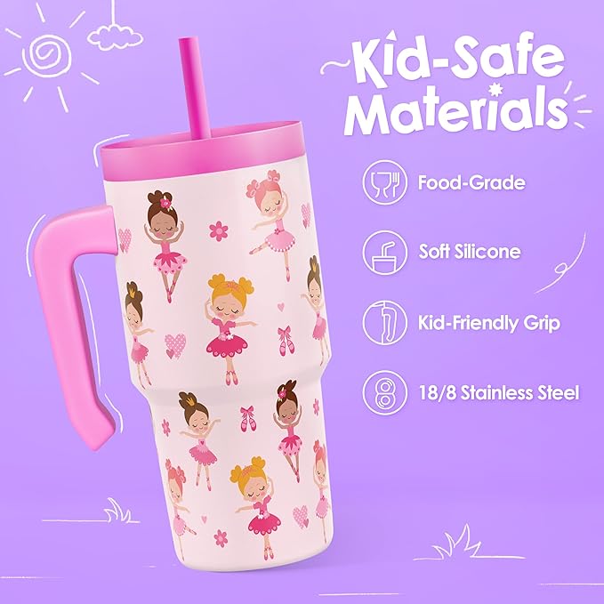 Ballerina Tumbler 20oz with Handle and Silicone Straw Lid for Kid, Insulated Stainless Steel Cup, Gift for Kids Girls, Gifts Idea for Birthday Christmas Back to School - Bloomnest