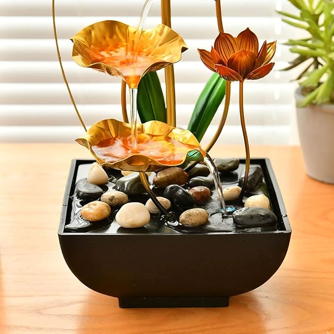 Tabletop Water Fountain Lotus Leaf Indoor Waterfall Fountain, 15 in USB Powered Tabletop Lotus Water Fountains with 1 Replacement Water Pump (Gold Large) - Bloomnest