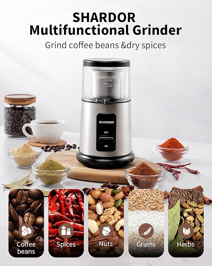 SHARDOR One Touch Coffee Grinder Electric, Spice, Herb, For Coffee Bean Spices and Seeds with 1 Removable Stainless Steel Bowl, Dry Grinder, Silver - Bloomnest