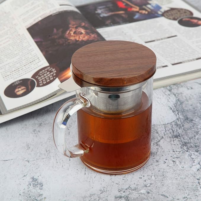 COMI Tea Cup with Infuser Walnut Lid&Handle, Glass Tea Cups with Wide Mouth Extra Large Capacity, Stainless Steel Tea Infuser Mug for Loose Leaf Tea Steeping(14oz/400ml) - Bloomnest