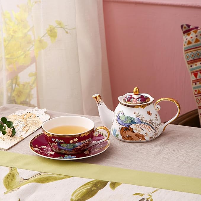 ACMLIFE Bone China Tea Set For One Teapot And Cup Set, Vintage Floral Tea Cup Set With Teapot and Saucer Set 12 Oz Bone China Teapot For One Set Red And White Gift Giving For Women (Fuchsia) - Bloomnest