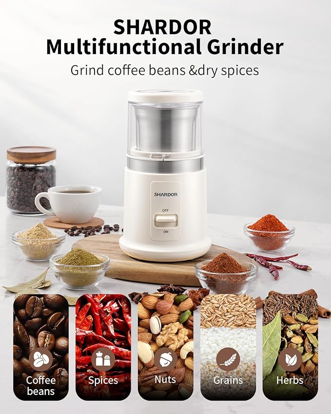 SHARDOR One Touch Coffee Grinder Electric, Spice, Herb, For Coffee Bean Spices and Seeds with 1 Removable Stainless Steel Bowl, Dry Grinder, White - Bloomnest