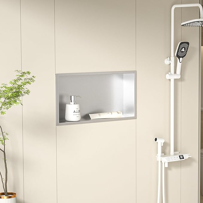 Stainless Steel Shower Niche 24" X 12" Brushed No Tile Needed Niche Shower Recessed Wall Horizontal Niches for Bathroom Storage Over Mount Installation - Bloomnest
