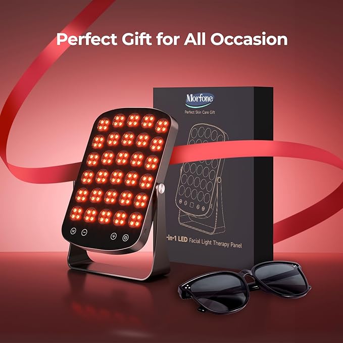 Red Light Therapy Panel, 460/590/660/850nm 4-Color Light Mode, 120 LEDs Facial Infrared Light Therapy Devices with Lighted Makeup Mirror, Timer, Portable Red Light Therapy for Face, Body, Pain Relief Morfone