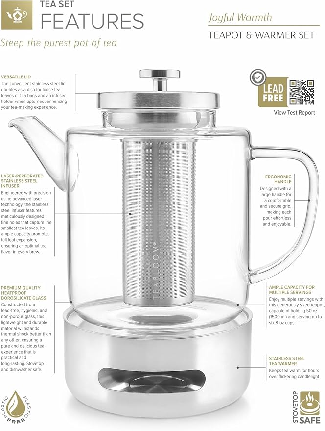Teabloom Joyful Warmth Teapot with Tea Warmer – 50 oz (6+ Cups) Hand-Blown Borosilicate Glass, Stainless Steel Loose-Leaf Infuser, Heat-Resistant Kettle, Elegant Gift Set for Tea Lovers - Bloomnest