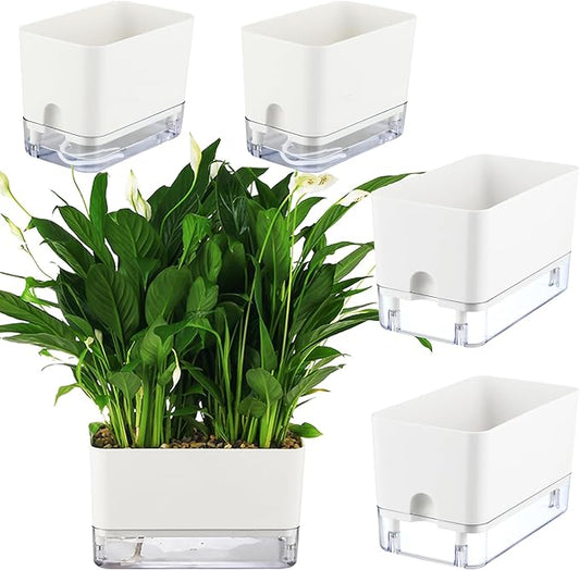 Planterhoma Self Watering Plant Pots for Indoor Plants 7/10 inch, 4 Packs Square Self-Watering Planters with Drainage Hole, White African Violet Pots for Devil's Ivy, Spider Plant, Orchid - Bloomnest