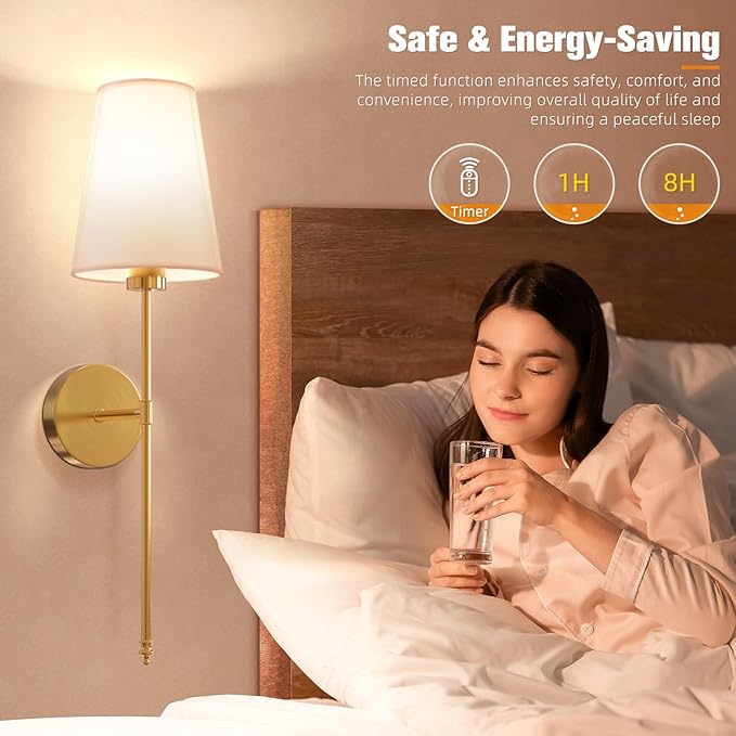 NIORSUN 25.4 inch Battery Operated Wall Sconce Set of 2,Gold Rechargeable Wall Lights with 5200mAh Dimmable Detachable Bulbs and Remote,9 Colors Wireless Sconces for Bedroom Living Room Hallway - Bloomnest