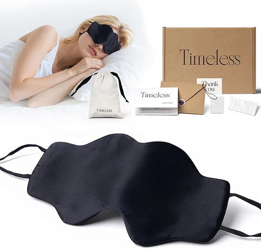 Black Natural Silk Eye Mask for Men & Women, Cloud-Shaped Lightweight Adjustable Hanging-Ear Design (8 Inches), Total Blackout Blindfold Gift Set for Travel by Timeless Artworks